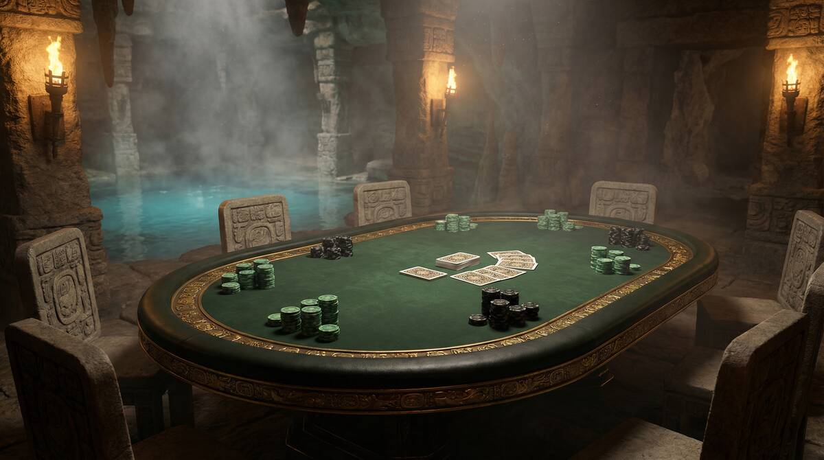 Mesa de póker en Casino Jubilee con ambiente de cenote maya